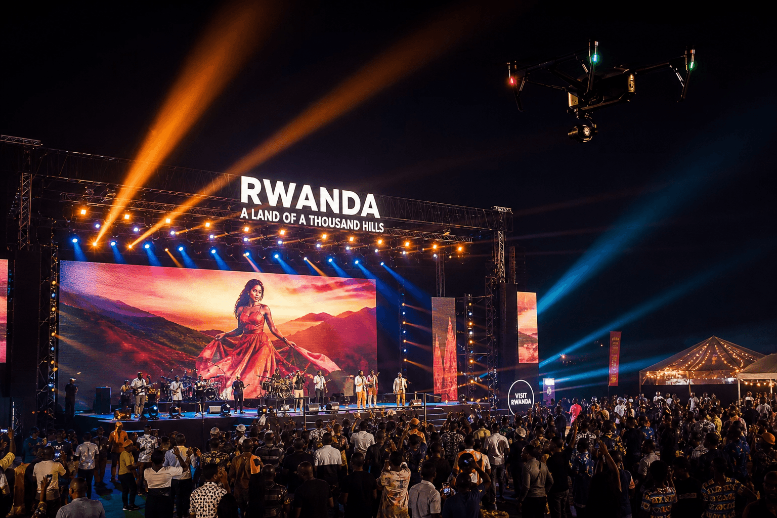 Nighttime outdoor event in Rwanda with LED screen, lighting and crowd