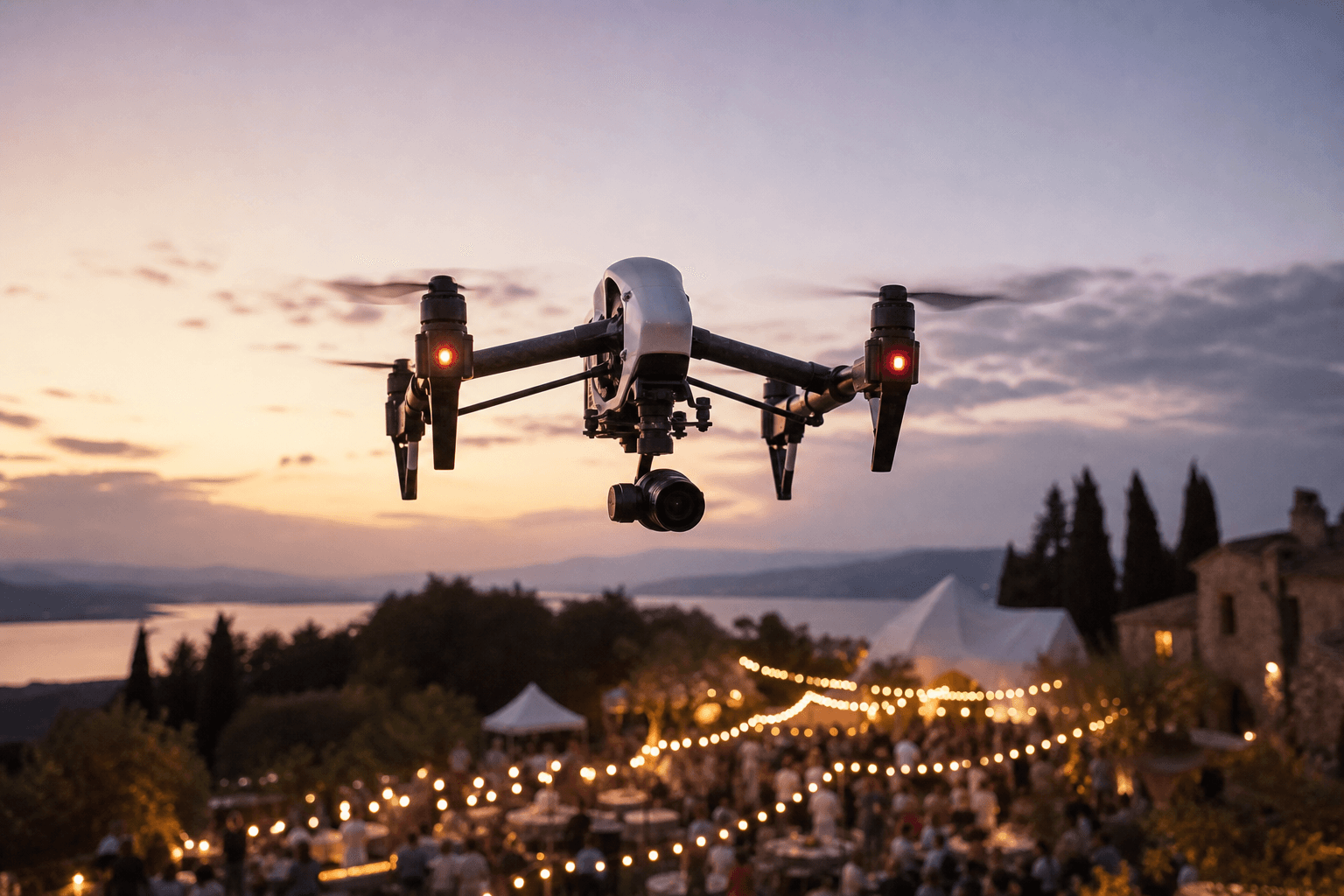 Drone hovering above evening outdoor event