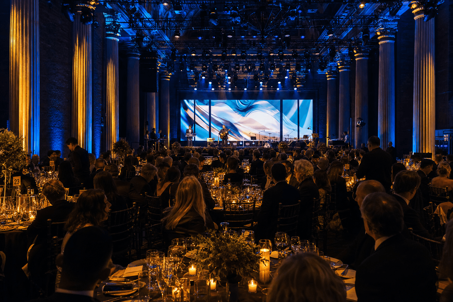 Elegant indoor gala dinner with LED screen