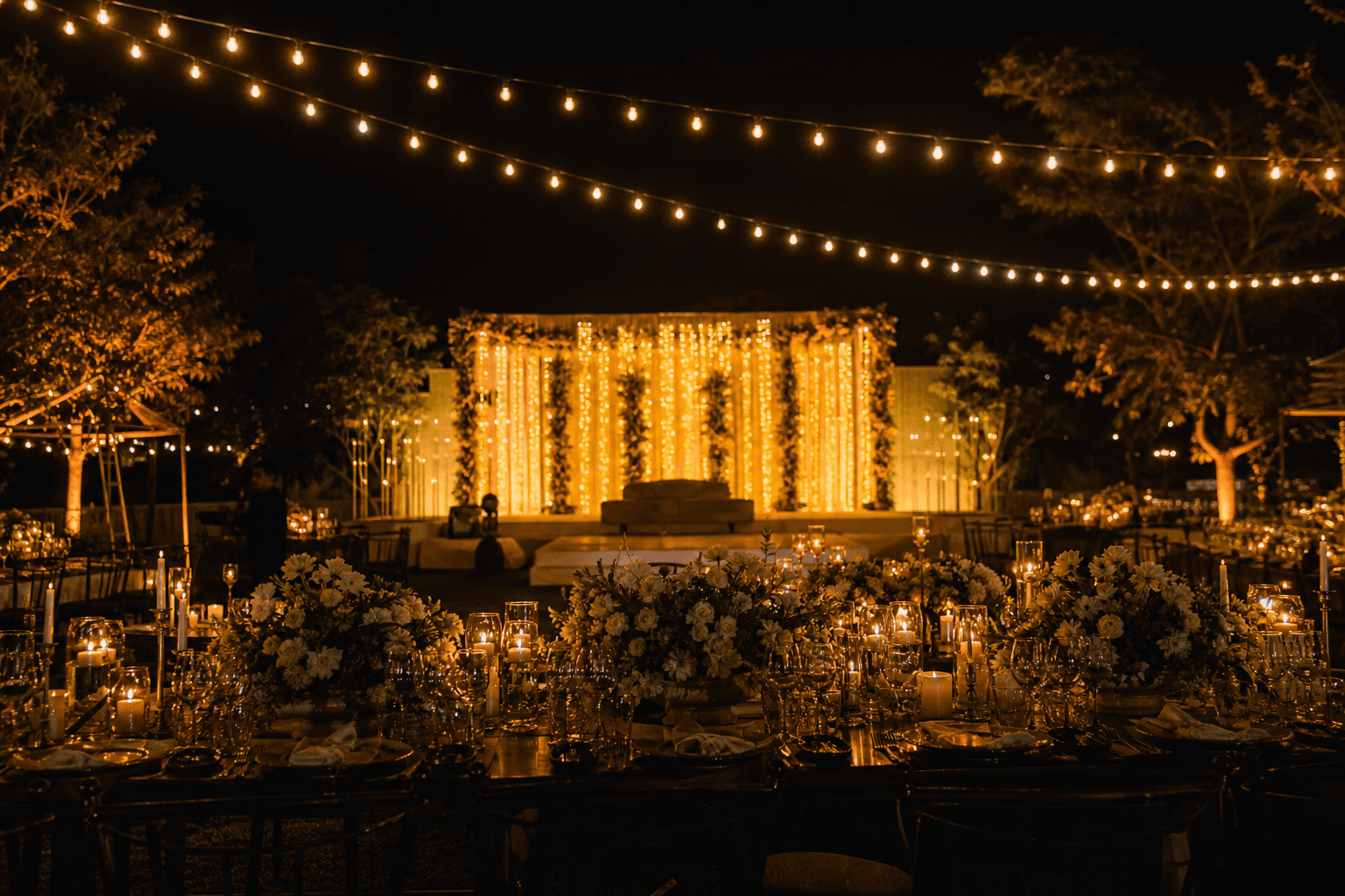 Luxury outdoor wedding reception at night