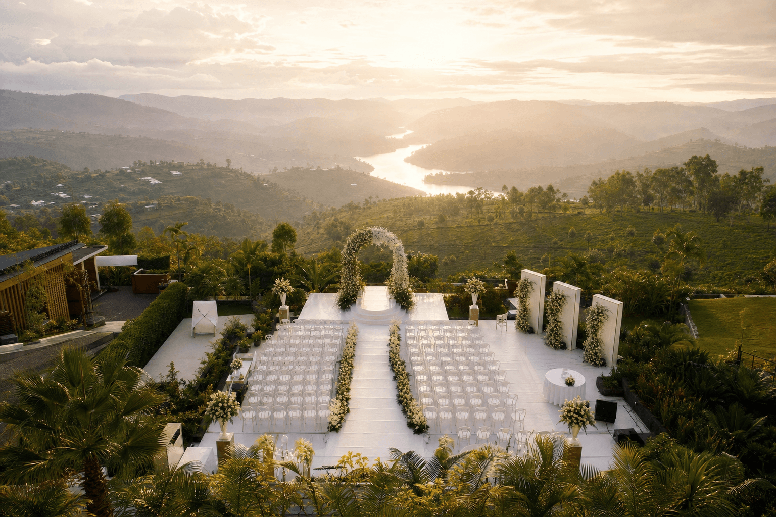 Aerial drone view of Rwandan wedding venue at golden hour