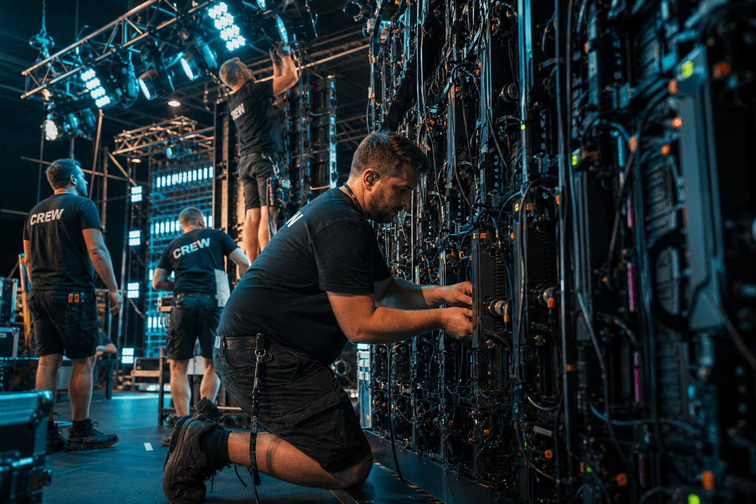 AV technicians setting up event equipment